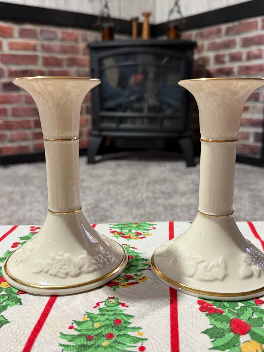 Lenox Ivory Porcelain Candlestick Pair with Gold Trim